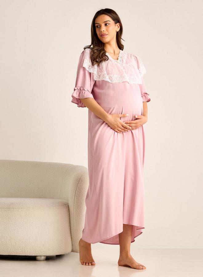 Splash FAV Lace Detail Maternity Night Gown with 3/4 Sleeves - Image 1