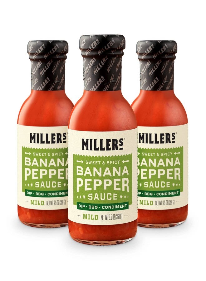 Millers Miller's Banana Pepper Sauce - Red Banana Pepper Mild Hot Sauce, Sweet Spicy Banana Pepper Sauce - Best Use for Chicken Wing, Burgers, Sandwich, Non-GMO Project Verified, 9.5 Ounce (Pack of 3) - Image 1