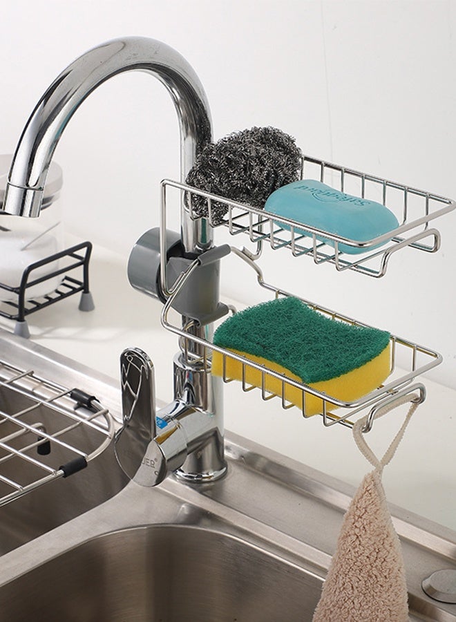 JCB CHIC حامل الإسفنج «Sink Caddy»، رف تخزين مزدوج الطبقات من الفولاذ المقاوم للصدأ يثبت على الصنبور، منظم مطبخ لحامل مناشف الأطباق وفرشاة التنظيف، ومنظم صابون «Shower Caddy» للحمام والمطبخ - Image 1