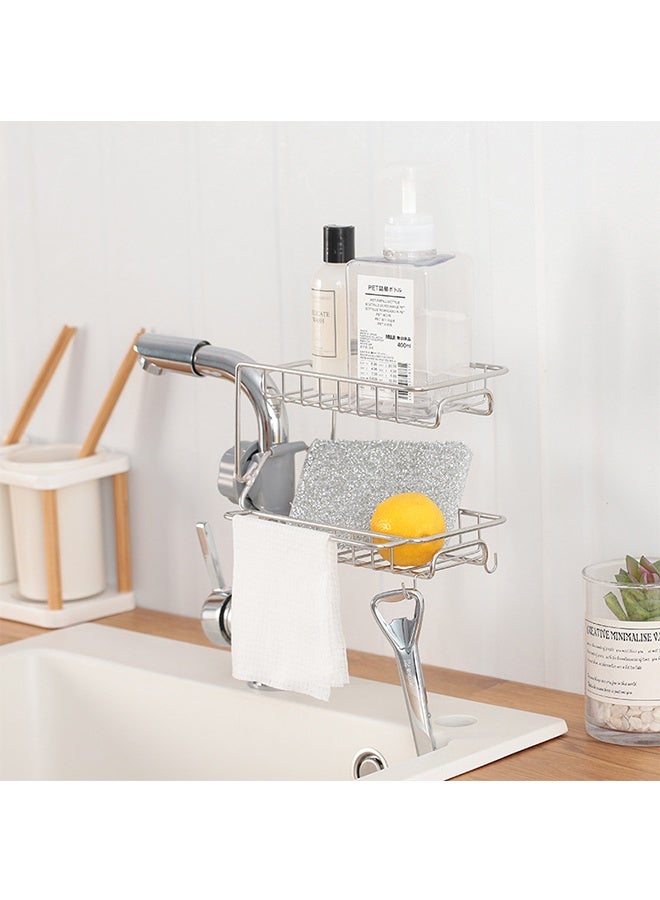 JCB CHIC حامل الإسفنج «Sink Caddy»، رف تخزين مزدوج الطبقات من الفولاذ المقاوم للصدأ يثبت على الصنبور، منظم مطبخ لحامل مناشف الأطباق وفرشاة التنظيف، ومنظم صابون «Shower Caddy» للحمام والمطبخ - Image 2