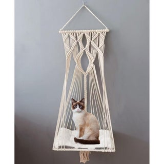 Macrame Cat Hammock Swing Bed - Cotton Rope Hanging Cat House with Tassel Tapestry (White)