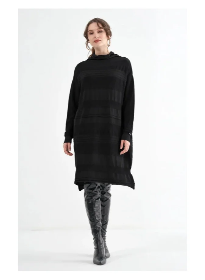 MissWhence Textured Stripe Cowl-Neck Longline Tunic - Black