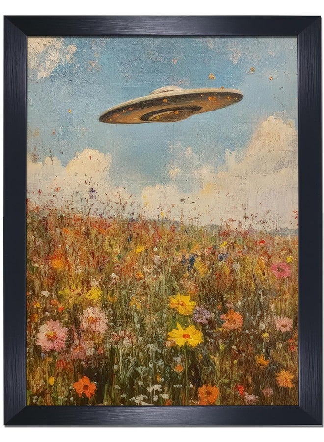 Yostyle vintage Eclectic UFO Wildflowers Oil Painting black framed Wall decor,Retro farmhouse wall art for living room decor aesthetic poster frame 08x10in - Image 1