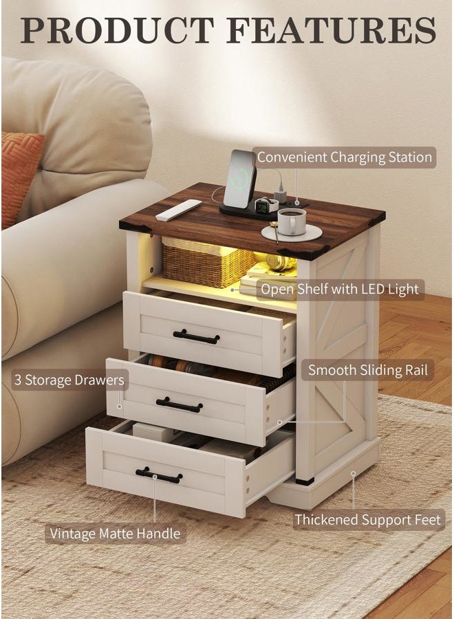 Suuiwau Farmhouse Nightstand with Charging Station, Smart Nightstand with Human Sensor LED Light, Wood Bedside Table with 3 Drawers and Open Storage Shelf, Modern End Table for Bedroom - Image 3