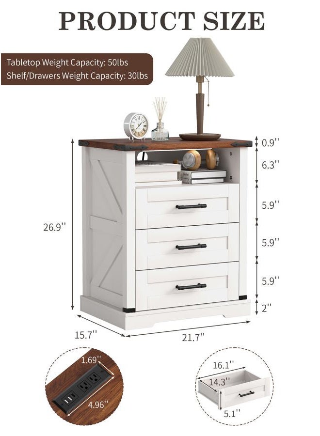 Suuiwau Farmhouse Nightstand with Charging Station, Smart Nightstand with Human Sensor LED Light, Wood Bedside Table with 3 Drawers and Open Storage Shelf, Modern End Table for Bedroom - Image 2