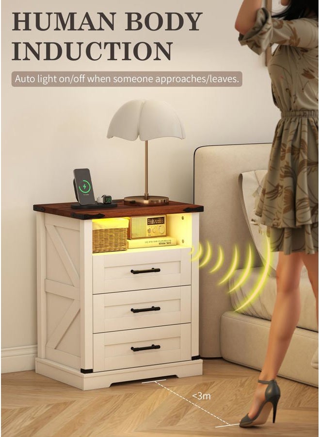 Suuiwau Farmhouse Nightstand with Charging Station, Smart Nightstand with Human Sensor LED Light, Wood Bedside Table with 3 Drawers and Open Storage Shelf, Modern End Table for Bedroom - Image 5