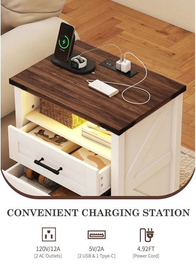 Suuiwau Farmhouse Nightstand with Charging Station, Smart Nightstand with Human Sensor LED Light, Wood Bedside Table with 3 Drawers and Open Storage Shelf, Modern End Table for Bedroom - Image 4