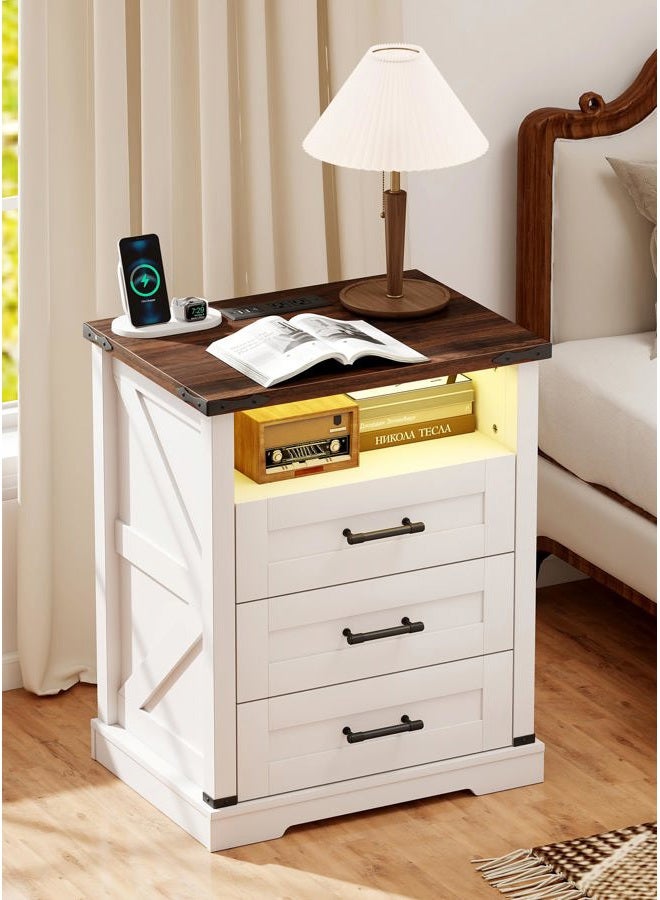 Suuiwau Farmhouse Nightstand with Charging Station, Smart Nightstand with Human Sensor LED Light, Wood Bedside Table with 3 Drawers and Open Storage Shelf, Modern End Table for Bedroom - Image 1