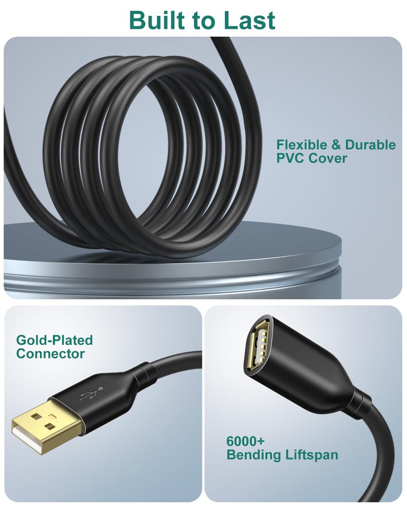 Besgoods USB Extension Cable, 2-Pack 10ft/3m USB 2.0 Type A Male to A Female Extension Cord USB Cable Extender with Gold-Plated Connectors, Black - Image 5