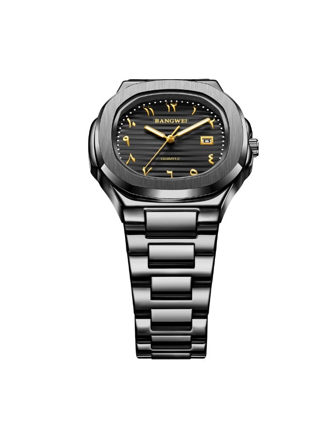 New Luxury Men's Quartz Watches Eastern Arabic numerals Waterproof Automatic Date Record Wristwatch Business Men Stainless Steel Pure Black - Image 2