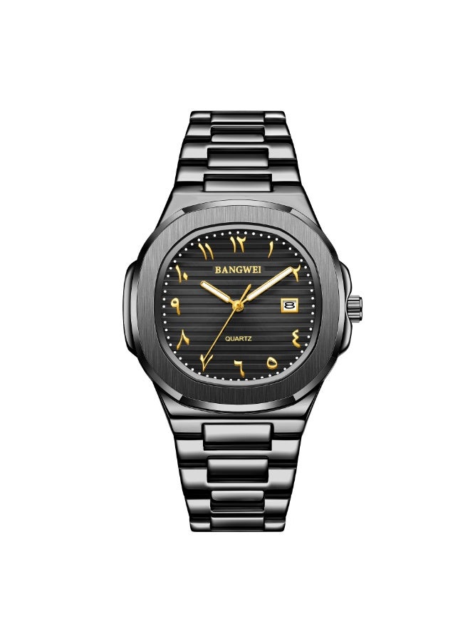 New Luxury Men's Quartz Watches Eastern Arabic numerals Waterproof Automatic Date Record Wristwatch Business Men Stainless Steel Pure Black - Image 1