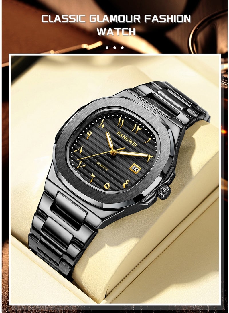 New Luxury Men's Quartz Watches Eastern Arabic numerals Waterproof Automatic Date Record Wristwatch Business Men Stainless Steel Pure Black - Image 5