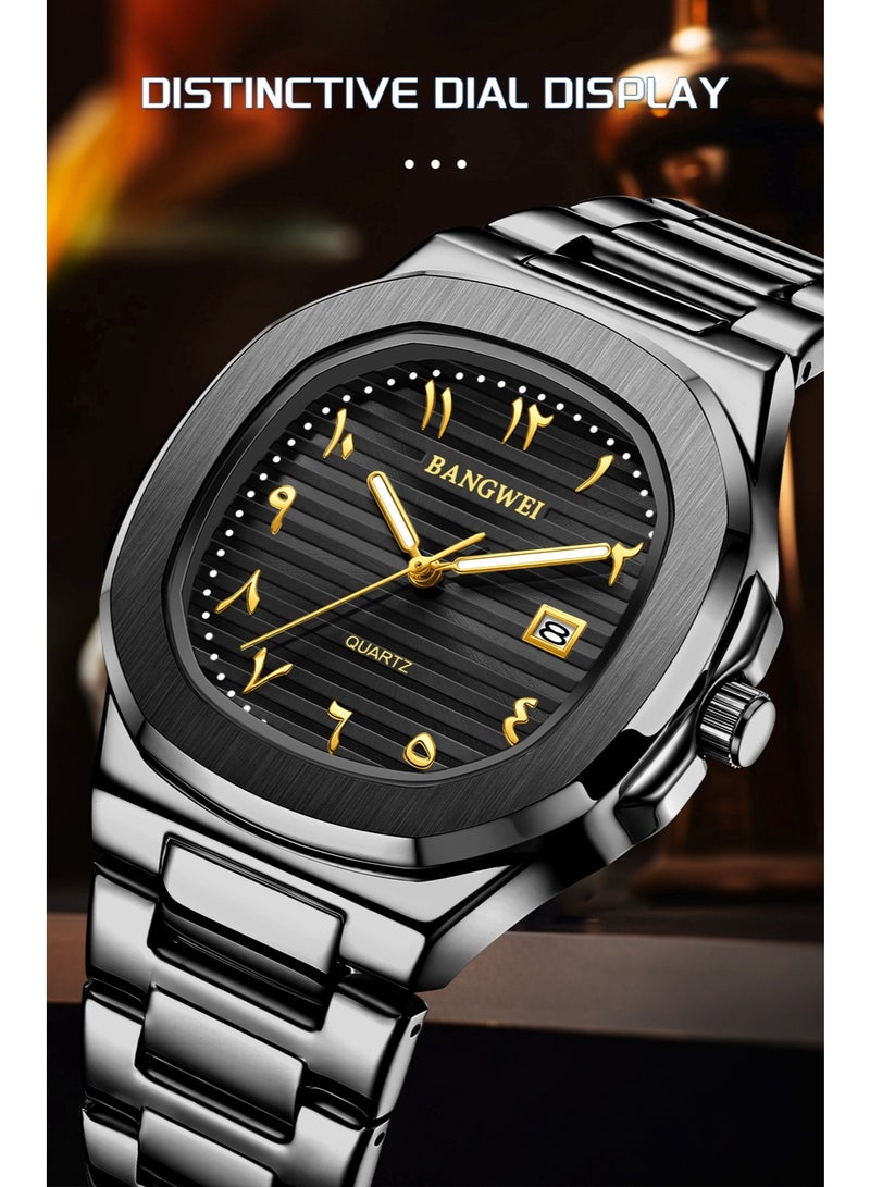 New Luxury Men's Quartz Watches Eastern Arabic numerals Waterproof Automatic Date Record Wristwatch Business Men Stainless Steel Pure Black - Image 4