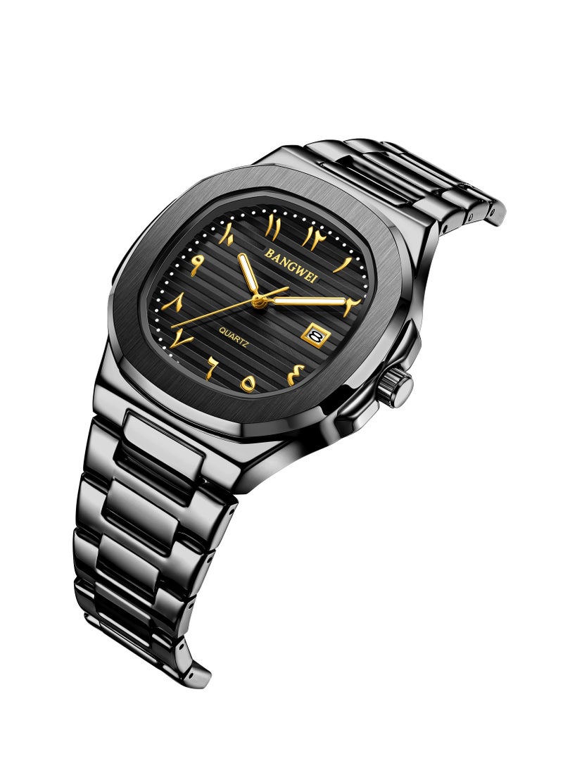 New Luxury Men's Quartz Watches Eastern Arabic numerals Waterproof Automatic Date Record Wristwatch Business Men Stainless Steel Pure Black - Image 3