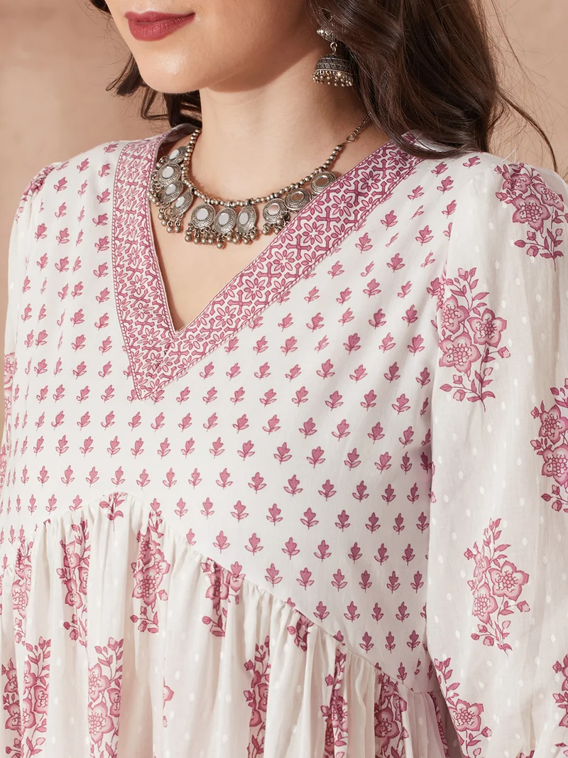 globus Women Pink Ethnic Floral Print V-Neck Puff Sleeves Flared Hem Tiered A-Line Fusion Dress