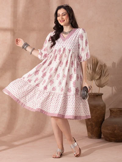 globus Women Pink Ethnic Floral Print V-Neck Puff Sleeves Flared Hem Tiered A-Line Fusion Dress