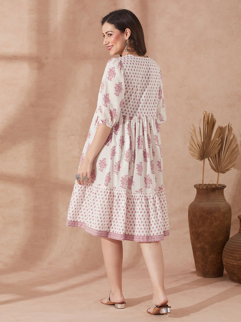 globus Women Pink Ethnic Floral Print V-Neck Puff Sleeves Flared Hem Tiered A-Line Fusion Dress