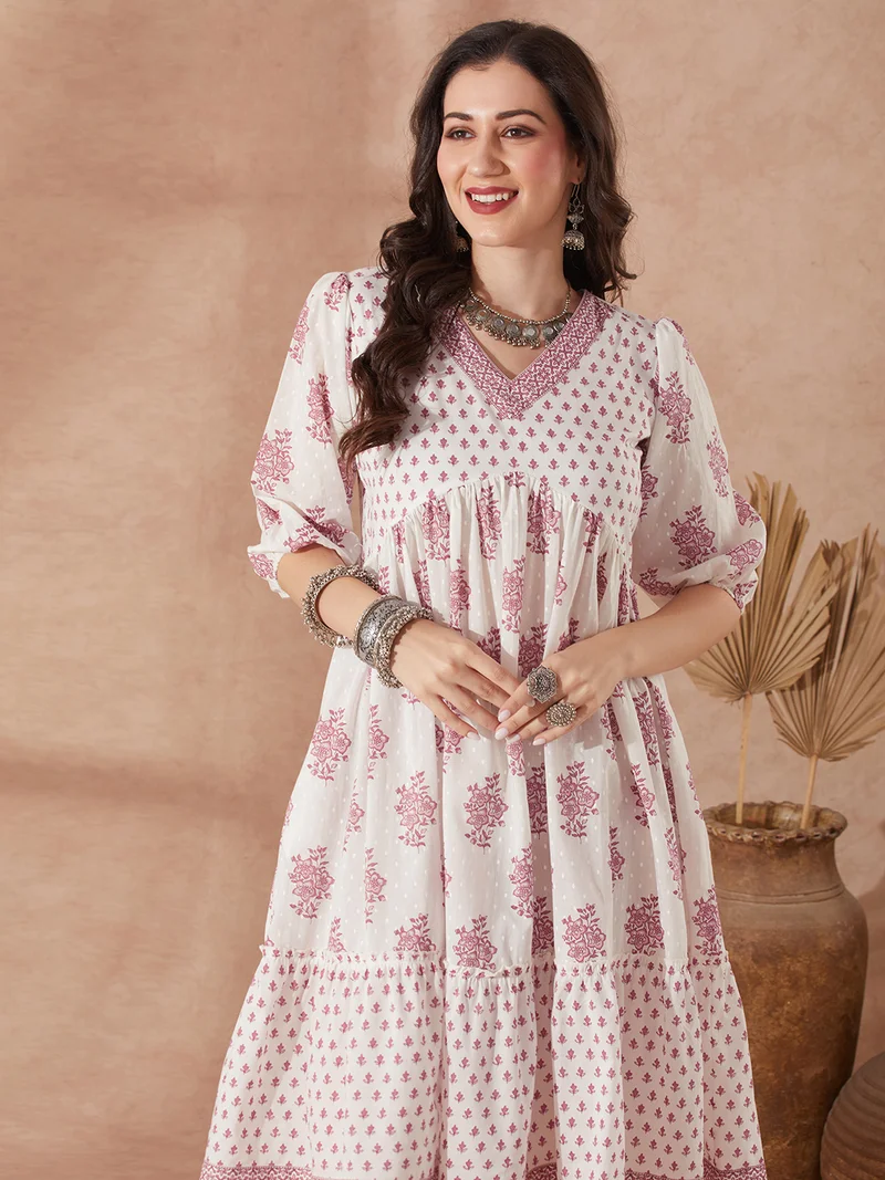 globus Women Pink Ethnic Floral Print V-Neck Puff Sleeves Flared Hem Tiered A-Line Fusion Dress