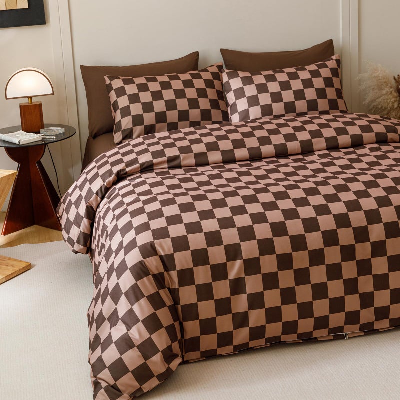 CLOTHKNOW Brown Plaid Queen Size Comforter Set 3Pcs Grid Bedding Comforter Sets Dark Brown Checker Comforter Soft Geometric Comforter with 2 Pillow Cases - Image 2