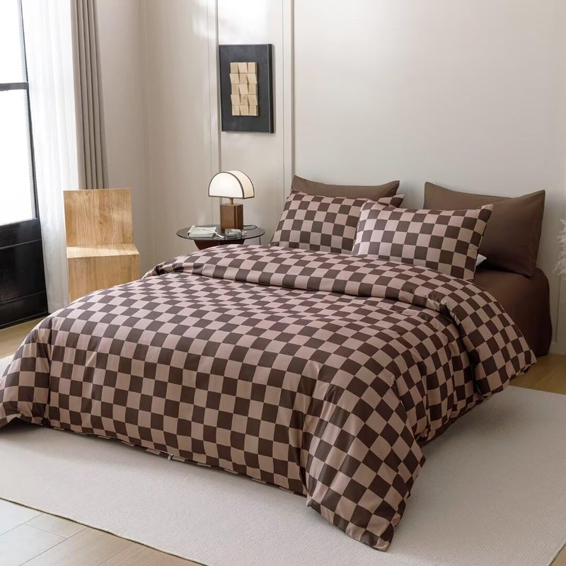 CLOTHKNOW Brown Plaid Queen Size Comforter Set 3Pcs Grid Bedding Comforter Sets Dark Brown Checker Comforter Soft Geometric Comforter with 2 Pillow Cases - Image 4