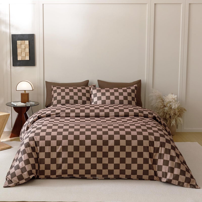 CLOTHKNOW Brown Plaid Queen Size Comforter Set 3Pcs Grid Bedding Comforter Sets Dark Brown Checker Comforter Soft Geometric Comforter with 2 Pillow Cases - Image 1