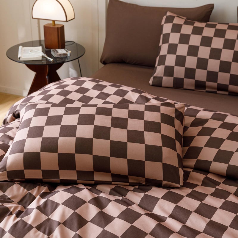 CLOTHKNOW Brown Plaid Queen Size Comforter Set 3Pcs Grid Bedding Comforter Sets Dark Brown Checker Comforter Soft Geometric Comforter with 2 Pillow Cases - Image 3