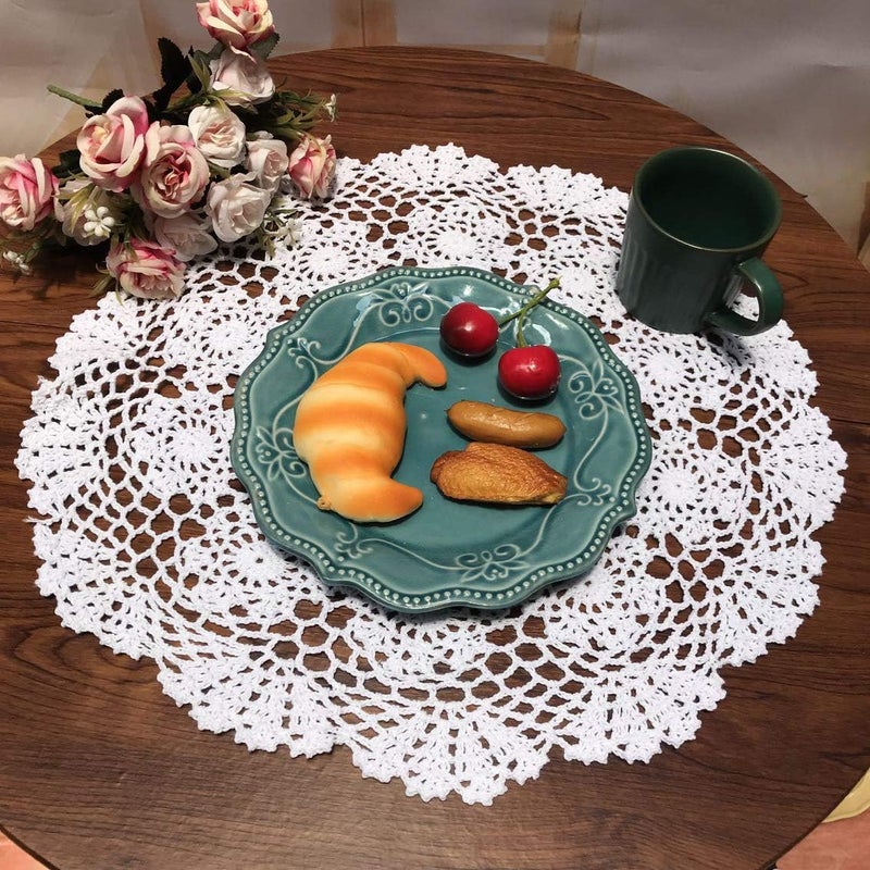 Damanni White Cotton Handmade Crochet Lace Tablecloth Doilies Table Overlay,Round,16 Inch,2PCS - Image 2