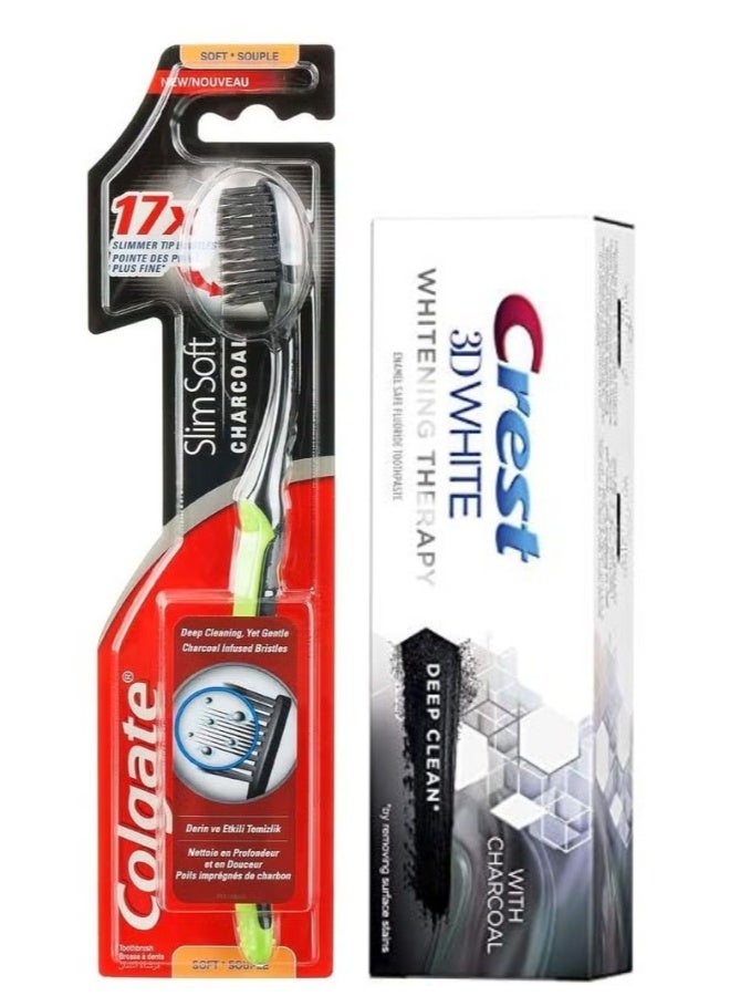 Colgate Colgate Slim Soft Charcoal Toothbrush multicolour plus Crest 3D White Whitening Therapy With Charcoal Deep Clean 75Ml - Image 1
