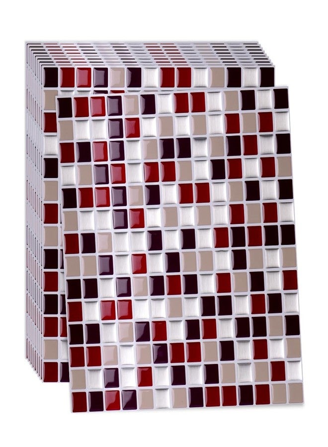 Alwayspon 10 ورقات 12 × 12 بوصة من بلاط الفسيفساء ثلاثي الأبعاد من الفينيل باللون الأحمر الخمري، ملصقات بلاط مترو الأنفاق ذاتية اللصق قابلة للتقشير واللصق على بلاط الحائط لديكور المطبخ والحمام - Image 1
