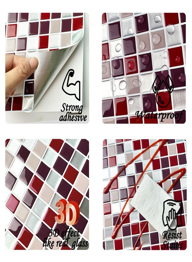 Alwayspon 10 ورقات 12 × 12 بوصة من بلاط الفسيفساء ثلاثي الأبعاد من الفينيل باللون الأحمر الخمري، ملصقات بلاط مترو الأنفاق ذاتية اللصق قابلة للتقشير واللصق على بلاط الحائط لديكور المطبخ والحمام - Image 3