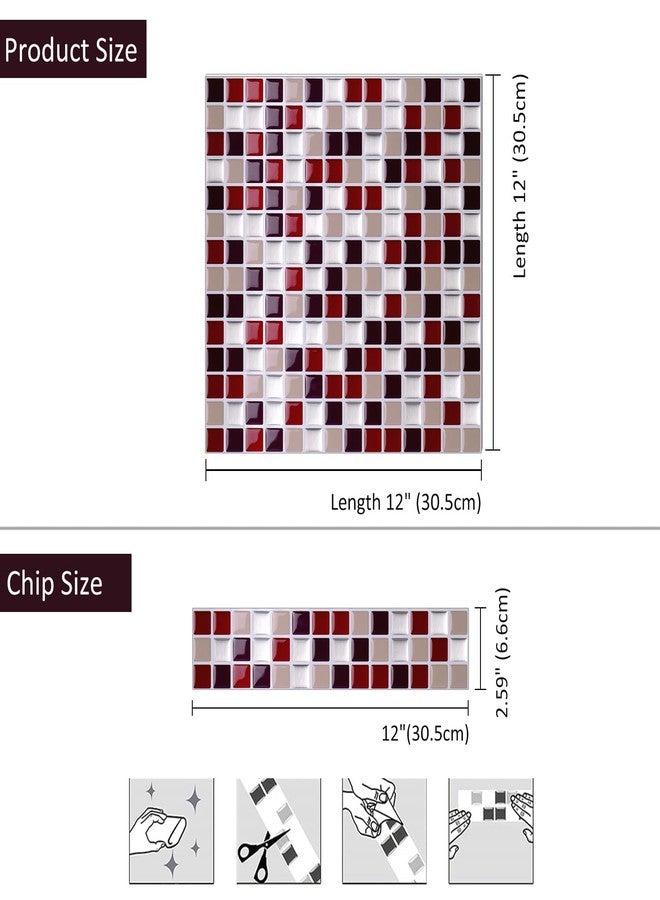 Alwayspon 10 ورقات 12 × 12 بوصة من بلاط الفسيفساء ثلاثي الأبعاد من الفينيل باللون الأحمر الخمري، ملصقات بلاط مترو الأنفاق ذاتية اللصق قابلة للتقشير واللصق على بلاط الحائط لديكور المطبخ والحمام - Image 4