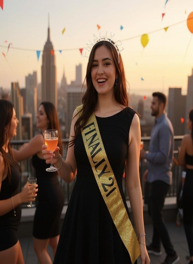 طقم سوبوبال لعيد الميلاد الحادي والعشرين، وشاح وتاج مرصع بأحجار الراين، طقم ملابس وهدايا للنساء، إكسسوارات عيد الميلاد الحادي والعشرين لها (ذهبي لامع/أسود) - Image 5