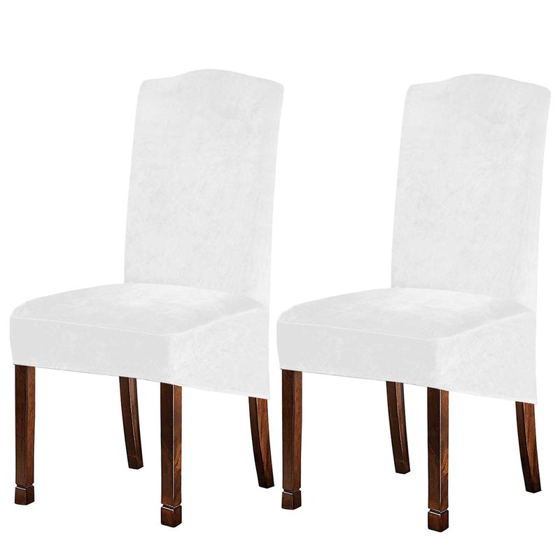 Velvet Plush XL Dining Chair Covers Stretch Chair Slipcover Spandex High Chairs Protector Covers Seat Slipcover with Elastic Band for Dining RoomWedding Ceremony Banquet White Set of 2