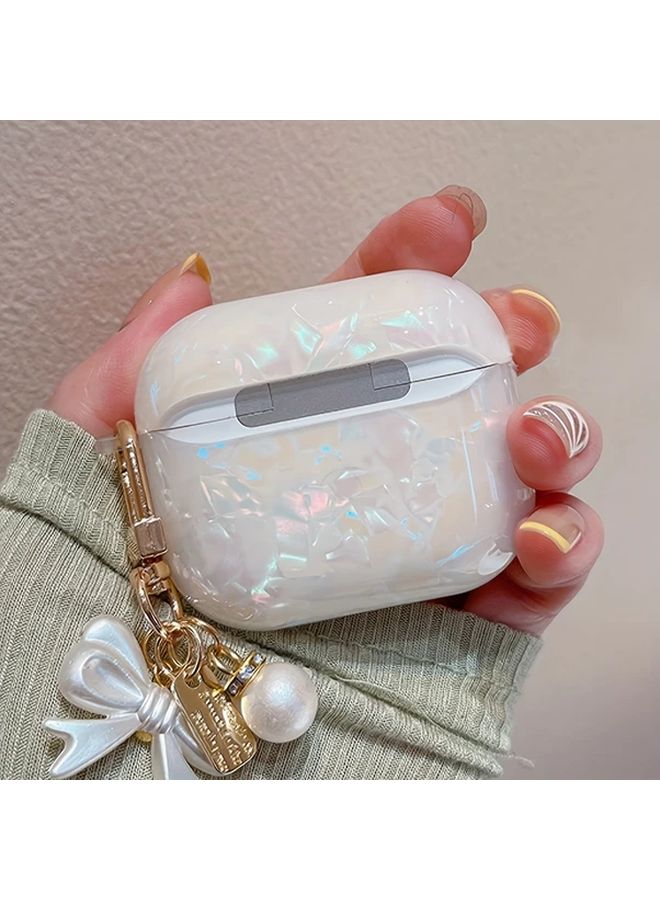 Cream Shell Bow Case For AirPods 3 With Detachable Floral Charm Cover Pearl Accents - Image 5