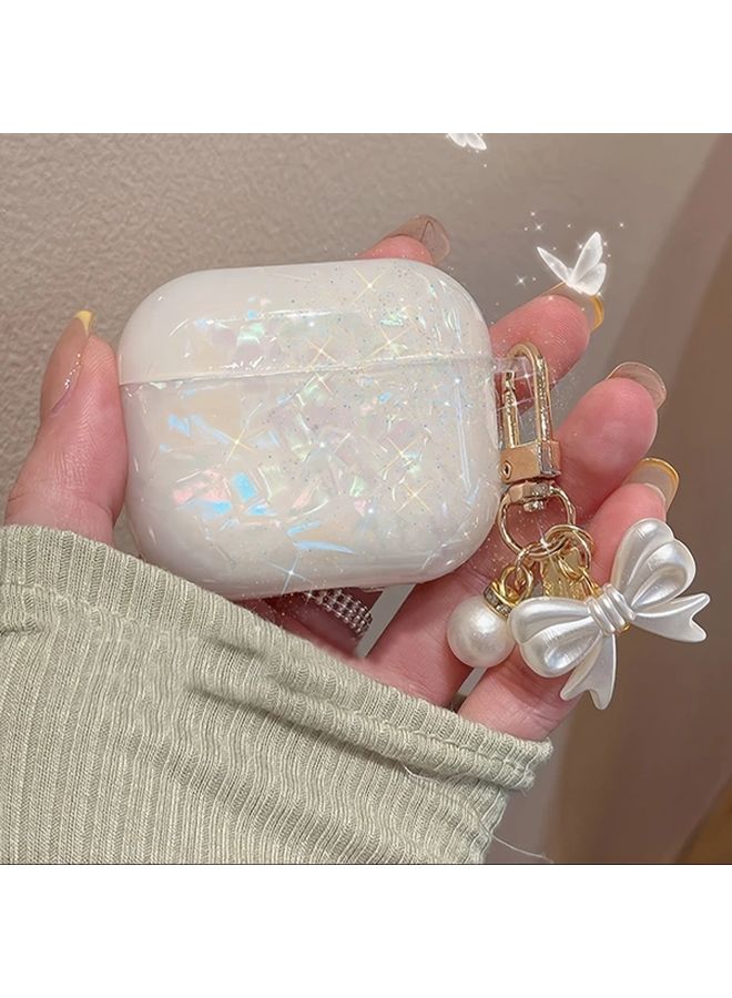 Cream Shell Bow Case For AirPods 3 With Detachable Floral Charm Cover Pearl Accents - Image 1