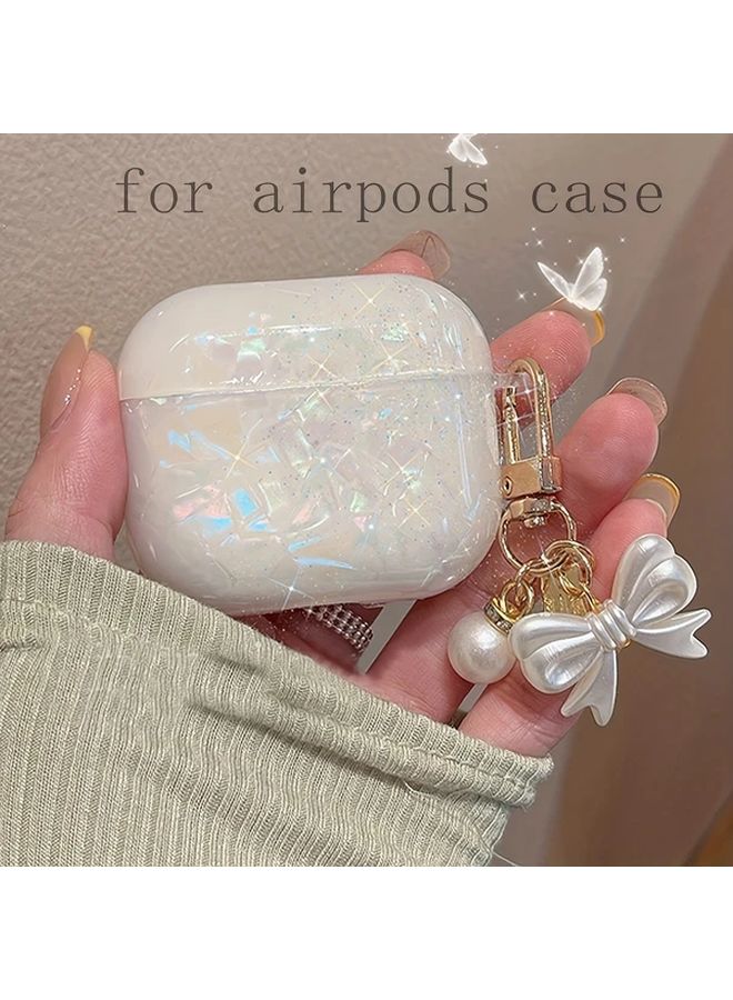 Cream Shell Bow Case For AirPods 3 With Detachable Floral Charm Cover Pearl Accents - Image 2