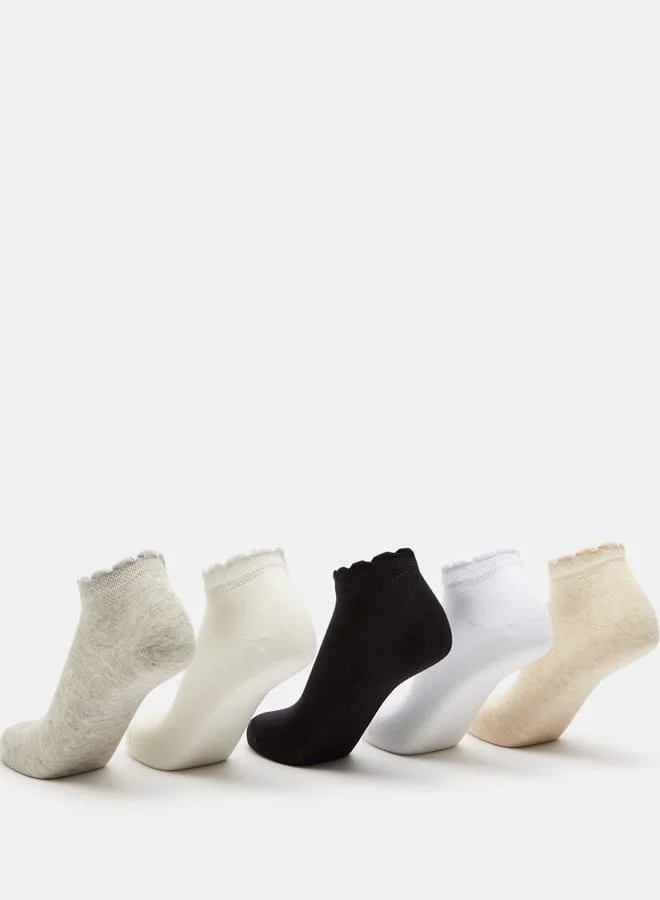 shoexpress Solid Ankle Length Socks with Scalloped Detail - Set of 5