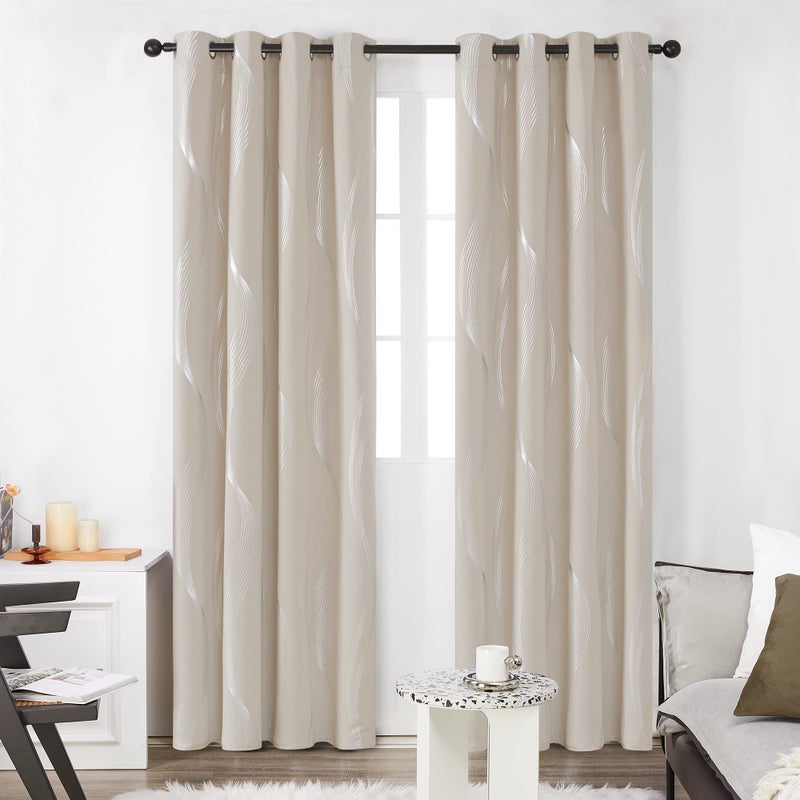 Deconovo Light Beige Blackout Curtains 2 Panel Set for Bedroom, Thermal Insulated Grommet Room Darkening Window Drapes for Living Room, Silver Wave Foil Print, 52W x 84L Inch - Image 2