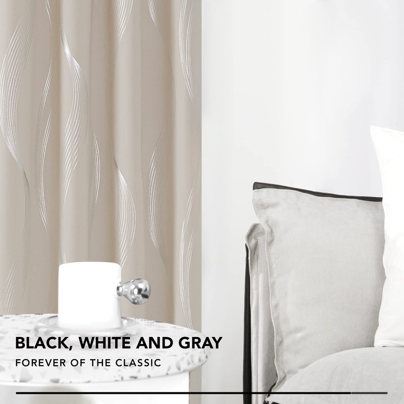 Deconovo Light Beige Blackout Curtains 2 Panel Set for Bedroom, Thermal Insulated Grommet Room Darkening Window Drapes for Living Room, Silver Wave Foil Print, 52W x 84L Inch - Image 4