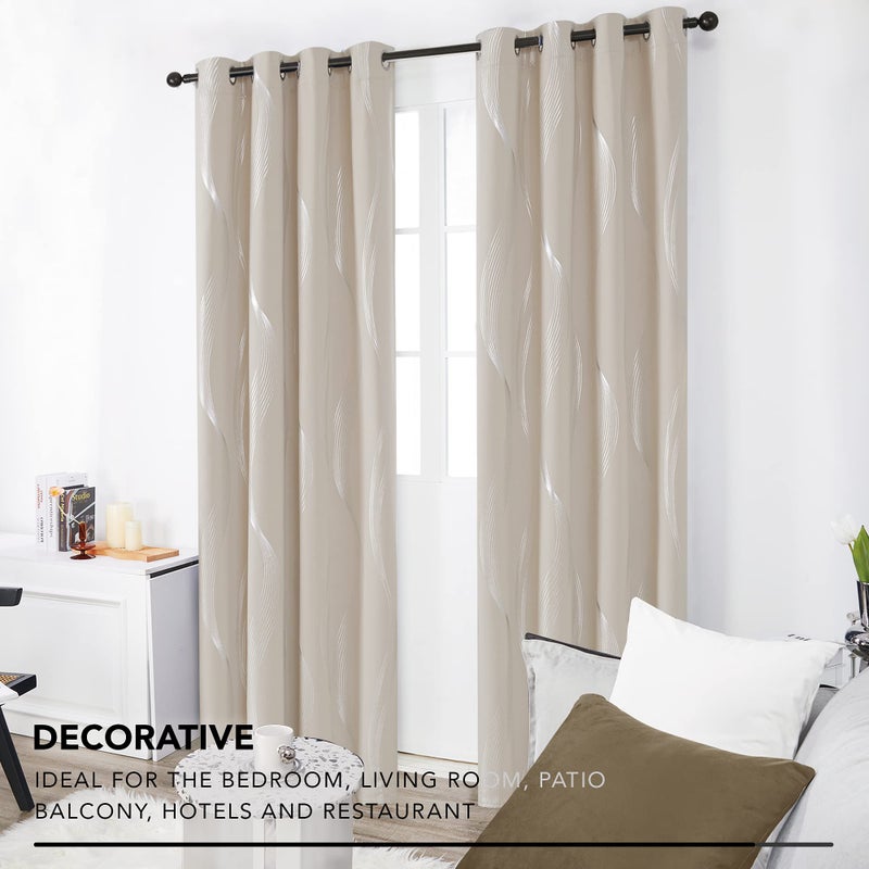 Deconovo Light Beige Blackout Curtains 2 Panel Set for Bedroom, Thermal Insulated Grommet Room Darkening Window Drapes for Living Room, Silver Wave Foil Print, 52W x 84L Inch - Image 3