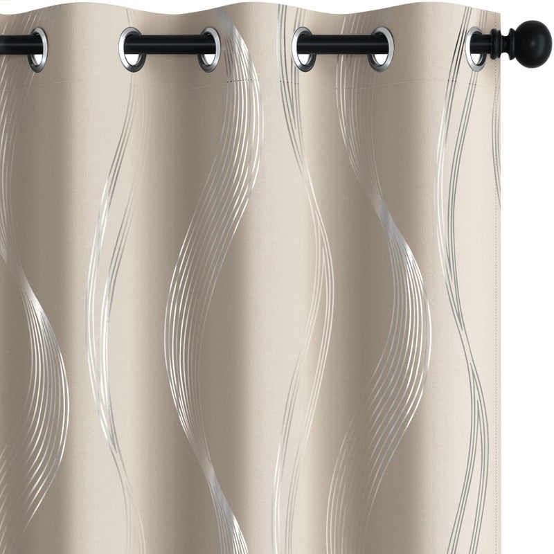 Deconovo Light Beige Blackout Curtains 2 Panel Set for Bedroom, Thermal Insulated Grommet Room Darkening Window Drapes for Living Room, Silver Wave Foil Print, 52W x 84L Inch - Image 1