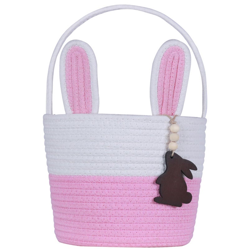 K-MLICE Easter Basket Empty Easter Baskets for Kids Boys Girls with Bunny Tag Egg Basket Eater Gifts Basket Toddler Teens Babys First Easter Basket with Handle Pink White - Image 2