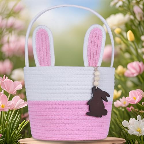 K-MLICE Easter Basket Empty Easter Baskets for Kids Boys Girls with Bunny Tag Egg Basket Eater Gifts Basket Toddler Teens Babys First Easter Basket with Handle Pink White - Image 3