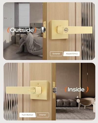 Leydebong 1 Pack Gold Door Lock, Keyed Entry Door Knob with Lock, Interior and Exterior Door Lock, Heavy Duty Brushed Gold Door Handles for Entrance with Keys - Image 3