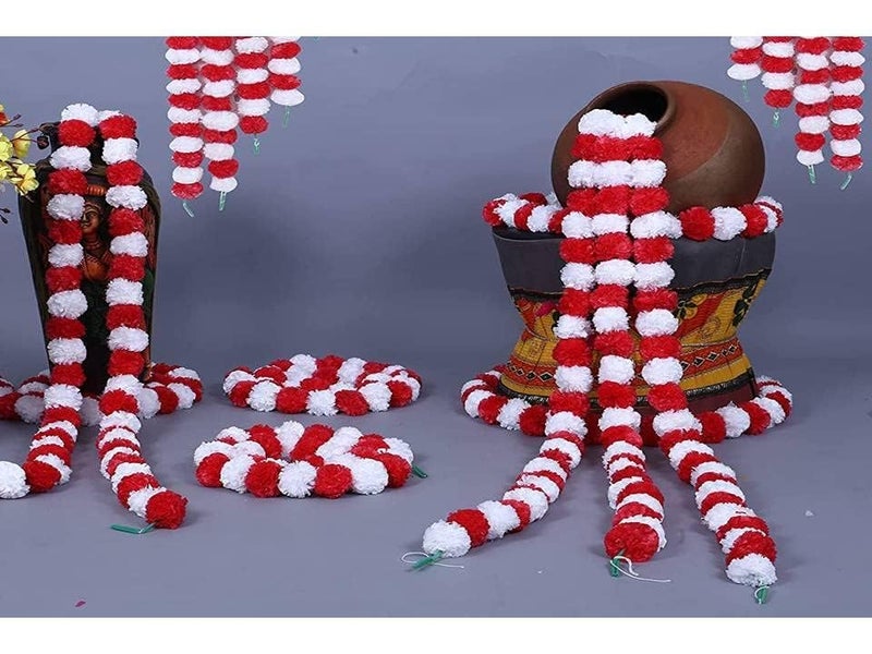 Paruu Artificial Marigold Flowers for Decoration Long Marigold Garlands/Toran/Strings for Decoration genda phool Mala for Wedding & Festival (Red, Pack of 10) - Image 2