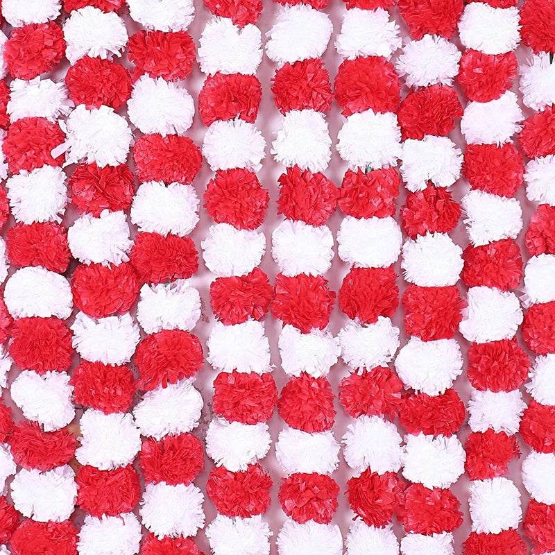 Paruu Artificial Marigold Flowers for Decoration Long Marigold Garlands/Toran/Strings for Decoration genda phool Mala for Wedding & Festival (Red, Pack of 10) - Image 1