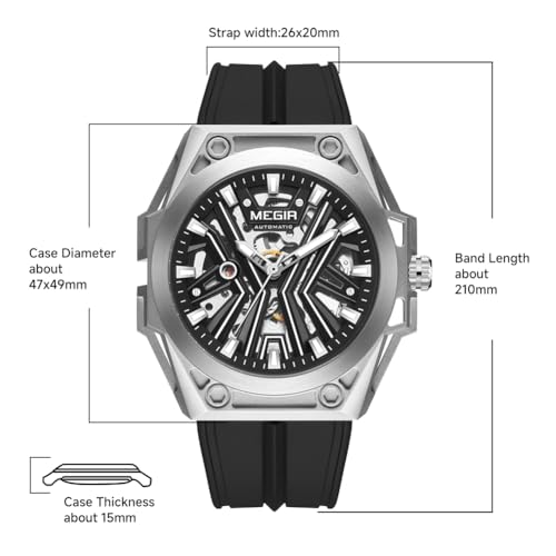 MEGIR Automatic Mens Wrist Watch 316L Steel Case Luminous Dial 5ATM Water Resistant Silicone Band Black - Image 3
