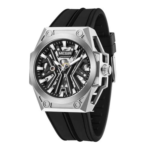 MEGIR Automatic Mens Wrist Watch 316L Steel Case Luminous Dial 5ATM Water Resistant Silicone Band Black - Image 1