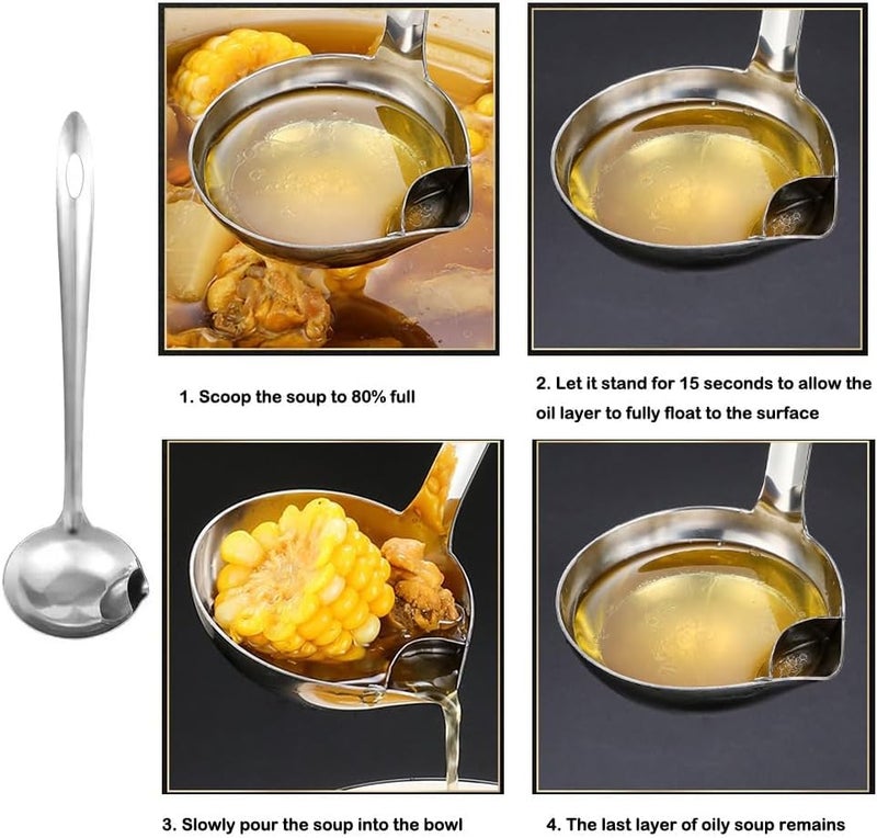 TERRIFI 3 Pack Large Soup Ladle Fat Separator Stainless Steel Ladle with Pour Spout Oil Separator Soup Spoon Grease Strainer Serving Spoon Gravy Pouring Ladles for Soups Stocks Sauces Broth Drippings(Silver) - Image 2