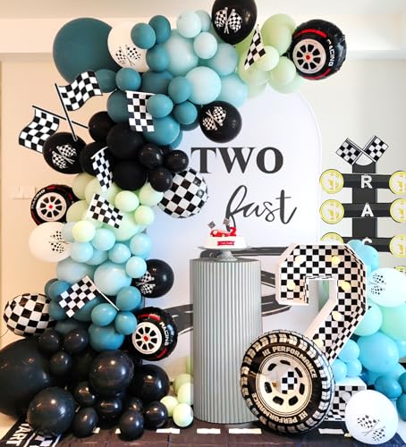 HEPAPATE Race Car Party Balloons Arch Kit177pcs Race Car Party Decorations Dusty Blue black Dusty Green Wheels Foil Balloon Checkered Flag for kids Racing car Theme Two Fast Party Supplies - Image 1